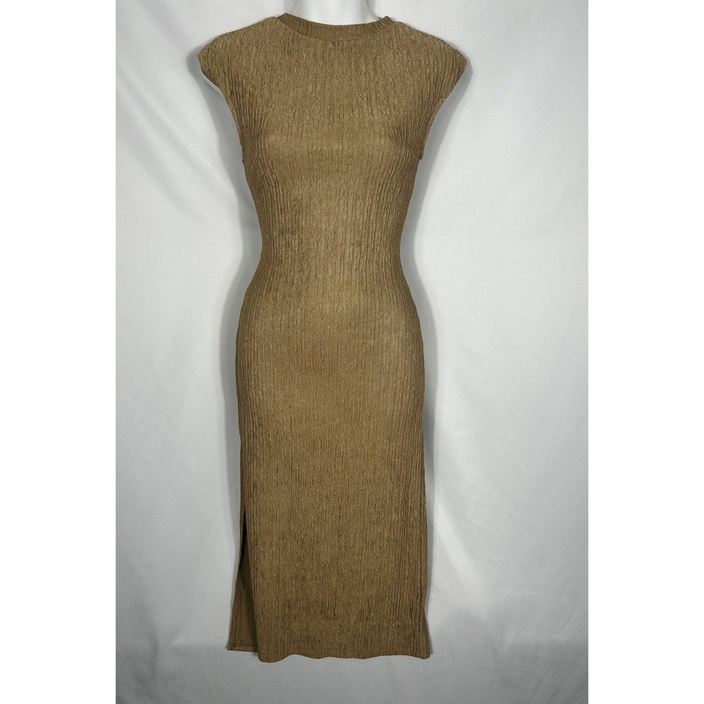 Neutral Brown Bodycon Midi Dress XS Textured Mock Neck Euro 90s Minimalist Chic